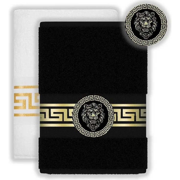 Belle Arti Handtücher Luxus Handtücher Gästehandtücher Badetücher Duschtücher Löwe Mäander, (1-St), 100% Baumwolle Frottee Löwenkopf eingestickt schwarz weiss gold Set – Bild 1