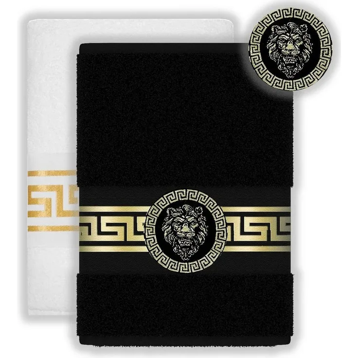 Belle Arti Handtücher Luxus Handtücher Gästehandtücher Badetücher Duschtücher Löwe Mäander, (1-St), 100% Baumwolle Frottee Löwenkopf eingestickt schwarz weiss gold Set