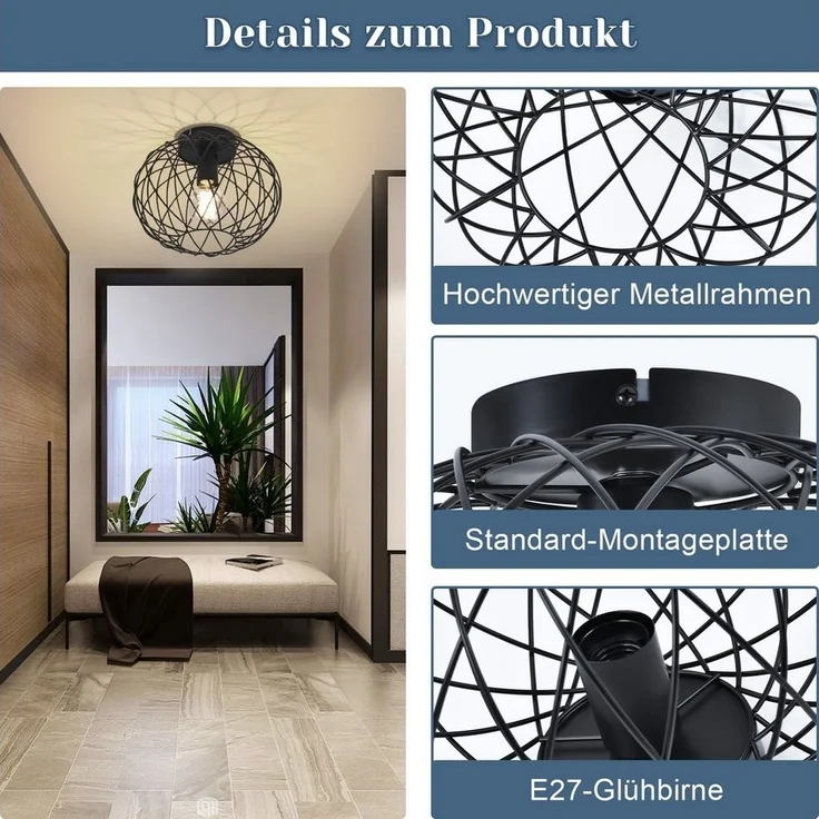 Nettlife Deckenleuchte 1 Flammig Deckenlampe Vintage Flurlampe Schwarz, LED wechselbar, Flur Schlafzimmer Küche – Bild 2