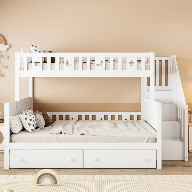 Kinder Etagenbett 90x200 & 140x200 mit Treppe, Stauraum, Schubladen, Leiterregal, platzsparendes Massivholz-Design für Kinderzimmer – Bild 3