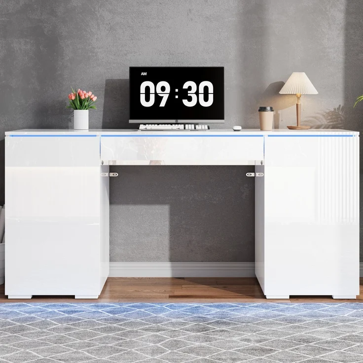 Schreibtisch aus Spanplatte mit LED-Beleuchtung und Stauraum, 140x50x78 cm, Weiß – Bild 1