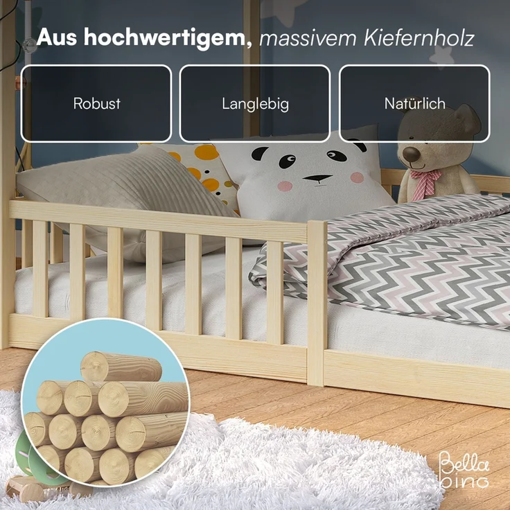 Bellabino 'Bia' Hausbett 120x200 cm, natur, Kiefer Massivholz, Bodenbett in Hausoptik, Montessori Kinderbett mit Rausfallschutz und Lattenrost – Bild 5