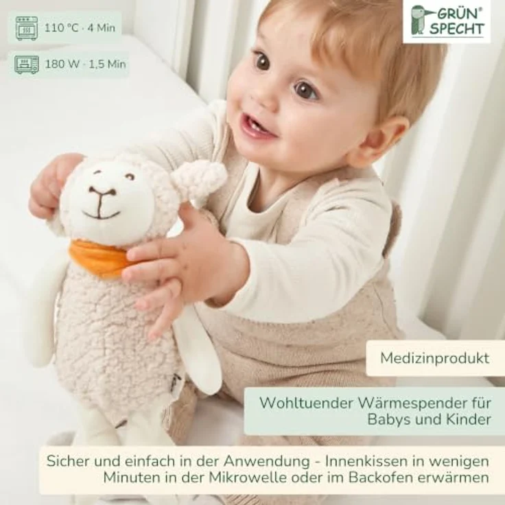 GRÜNSPECHT Wärme-Kuscheltier, Innenkissen mit Rapssamenfüllung, Schaf Baby | Medizinprodukt: Innenkissen aus 100% Baumwolle, für Mikrowelle & Backofen, Bezug waschbar - bei Bauchschmerzen – Bild 4