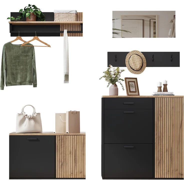 Garderoben-Set, Schrank, Kommode, Spiegel, 2 Schuhschrank, ohne Dekoration, Garderobenpaneel mit Spiegel, Hutablage und 4 Haken,Schuhschrank mit Schuhbank, Flur mit Stauraumtrennwand--Natürlich--96.77x43.82x20.5cm--YOUDENOVA – Bild 10