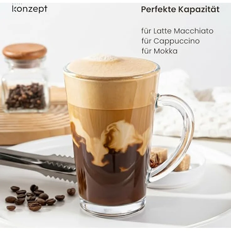 KONZEPT Gläser-Set 6-teilig Latte Macchiato – 300 ml Kaffeetassen, 6-tlg, aus Glas mit Henkel, hitzebeständig & spülmaschinengeeignet – Bild 4