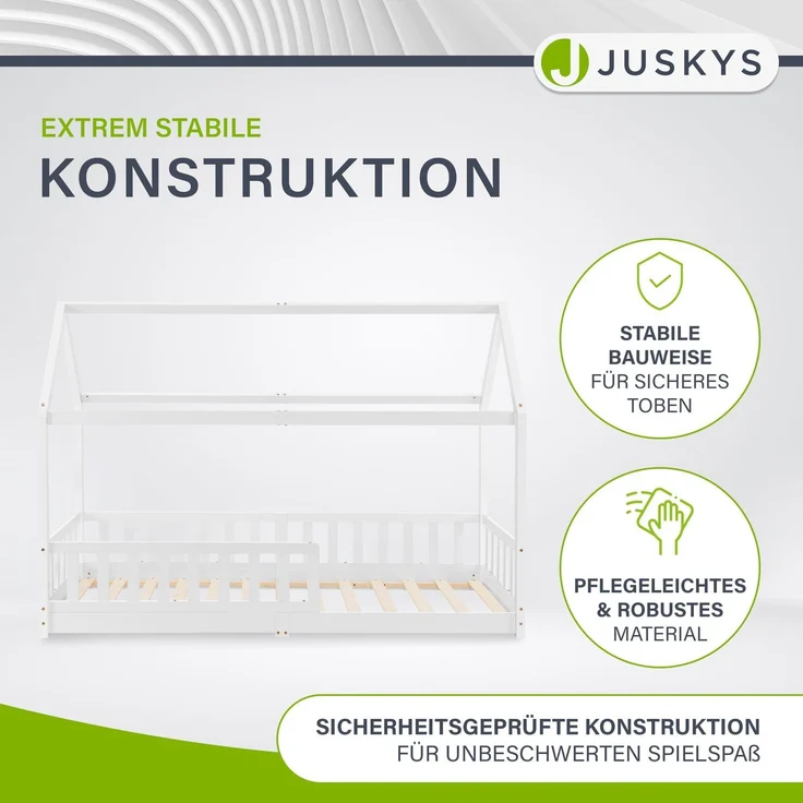 Juskys Kinderbett Marli 90 x 200 cm mit Rausfallschutz, Lattenrost und Dach - Massivholz Hausbett für Kinder - Bett in Weiß – Bild 3
