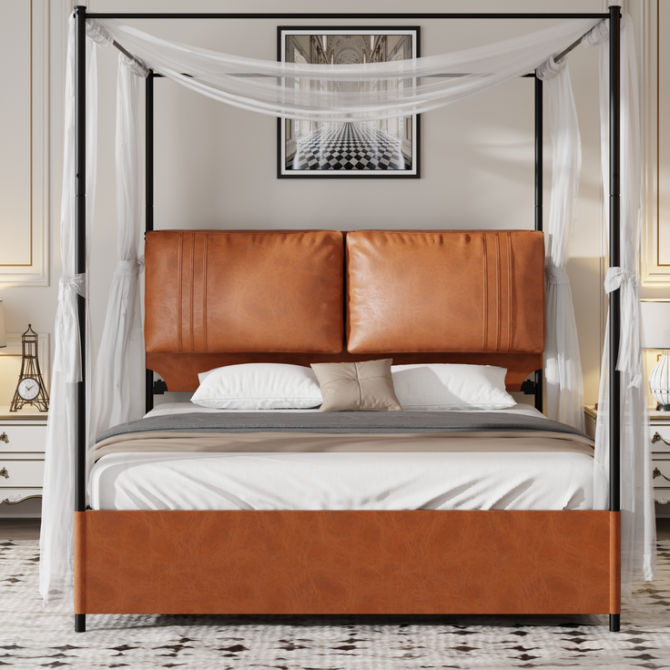 Himmelbett 140×200 cm mit abnehmbaren Baldachin-Säulen und Metallrahmen, Braun – Bild 2