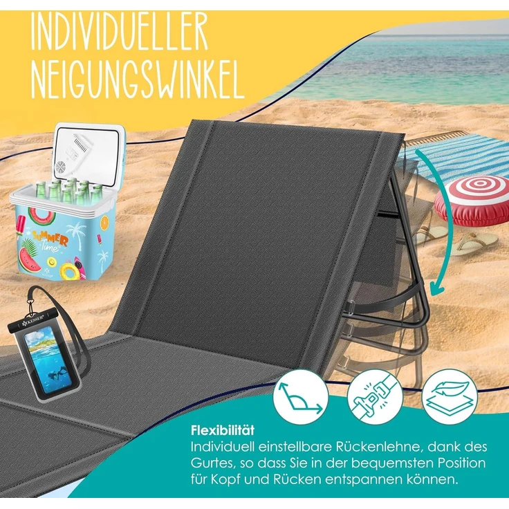 KESSER® Strandmatte klappbar mit verstellbarer Rückenlehne, Strandliege faltbar mit Tragegurt, wasserdichter Handyhülle & Aufbewahrungstasche, Sonnenliege für Strand Garten Terrasse, Liegematte 130Kg Anthrazit, 2er Set / 50W – Bild 5