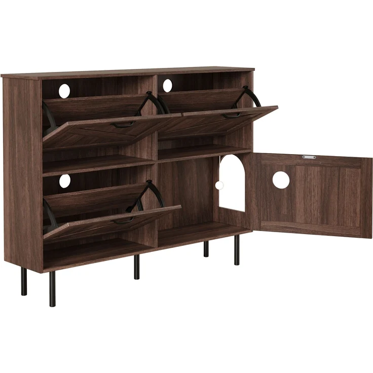 Schuhschrank aus Spanplatte mit 4 Türen & Klappenfächern, 120x28x92 cm, Walnussfarbe – Bild 7