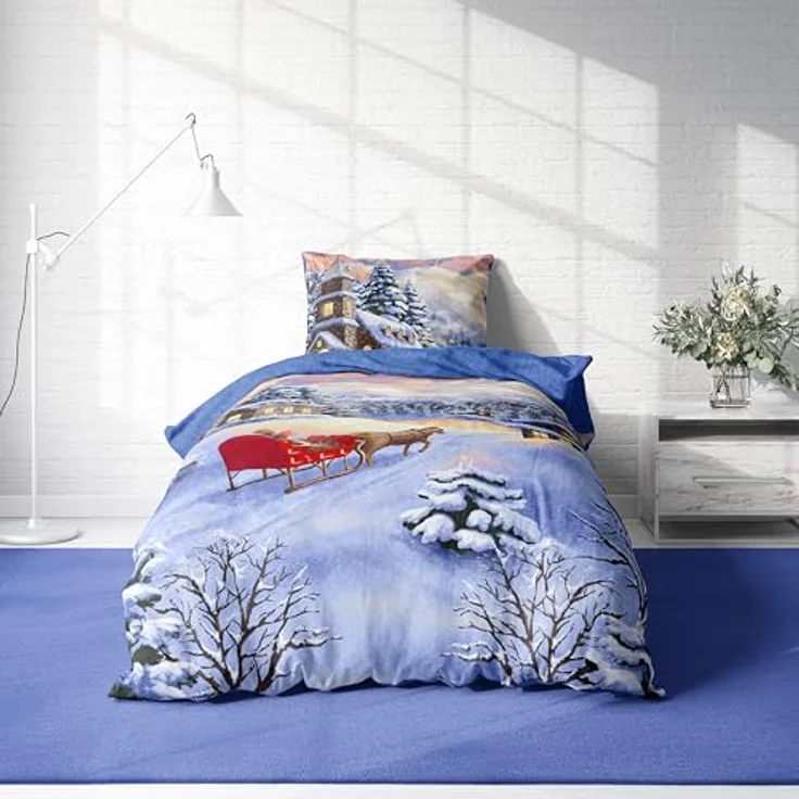One Home Bettwäsche Winter Thermofleece, Fleece, 4 teilig, Weihnachten Winterlandschaft, kuschelig flauschig warm weich Modern – Bild 4