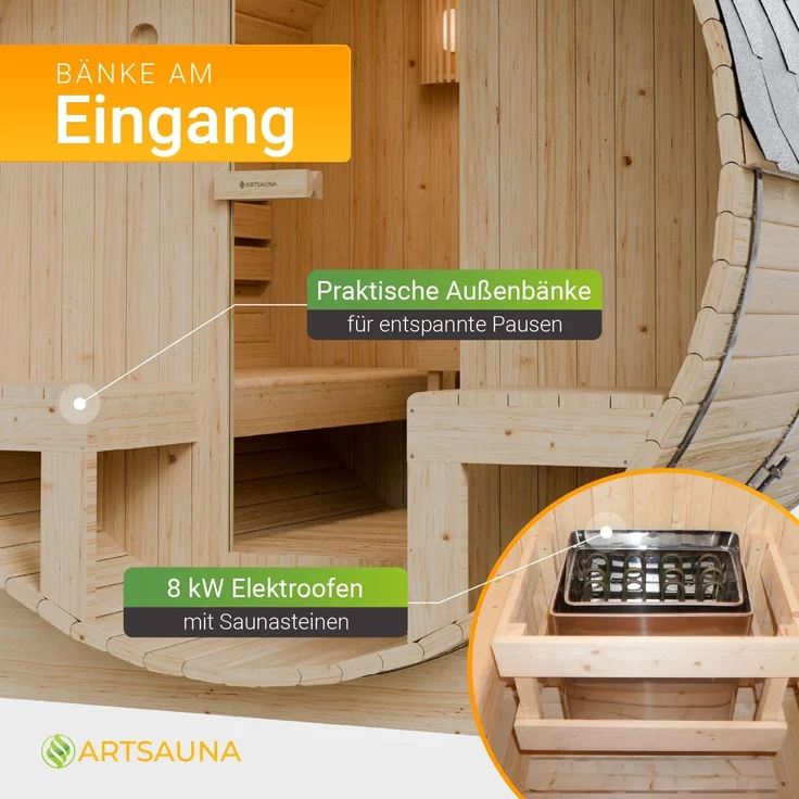 Artsauna Outdoor Fasssauna Spitzbergen 220 für 6 Personen und zwei Bänken - 8 kW Ofen, Saunasteine & Zubehör - Saunafass aus Fichtenholz - Außensauna Gartensauna – Bild 5