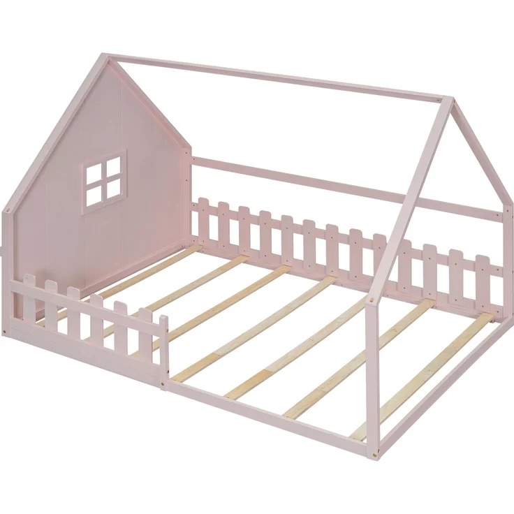 Bett 140x200 cm mit Hausleiste und Geländer aus Kiefer in Rosa – kindliches Design für kreative Schlafzimmer – Bild 8