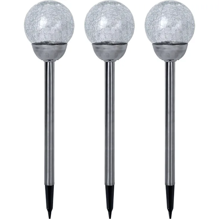 3x LED Solarlampe, Edelstahl silber, Bruchglas Kugel, H 56 cm