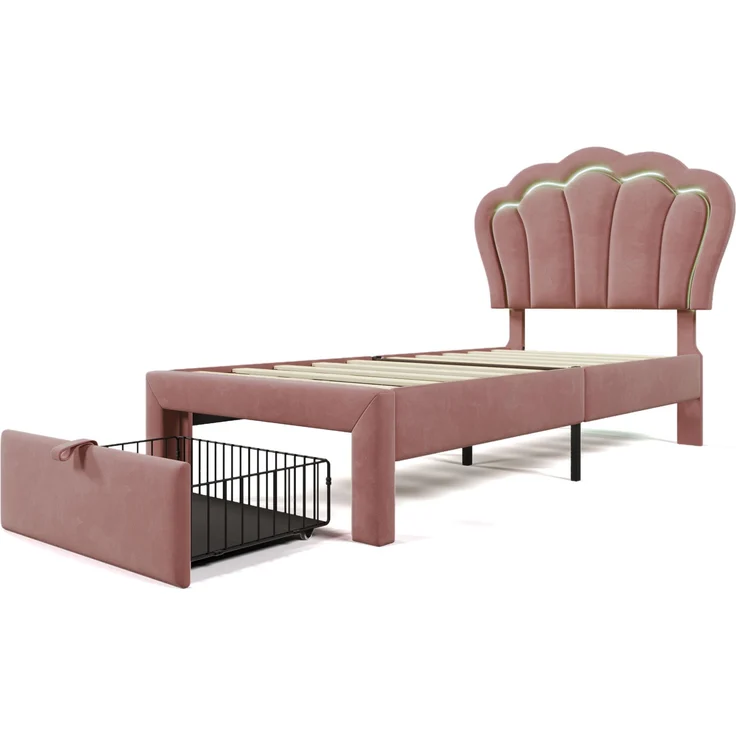 Kinderbett, Samt mit LED & Schublade, 90x190 cm, Rosa, ohne Matratze – Bild 8