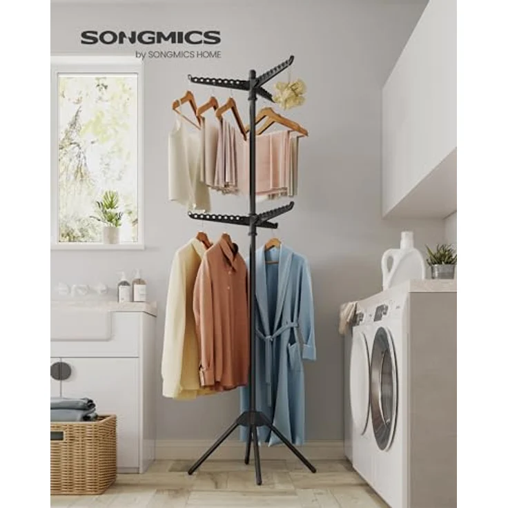 SONGMICS Wäscheständer, Standtrockner, 6 drehbare Arme für Kleiderbügel, 4 Beine, klappbar, für Innenbereich, Edelstahl, für Kleidung und Socken, 191 cm hoch, schwarz LLR514B01 – Bild 2