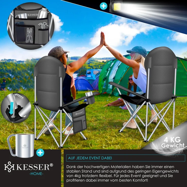 KESSER® Campingstuhl faltbar bis 150 kg Angelstuhl Faltstuhl Klappstuhl Gepolstert mit Armlehnen, Getränkehalter + Tasche mit hoher Rückenlehne, Strandstuhl, Klapphocker Anthrazit / Schwarz – Bild 9