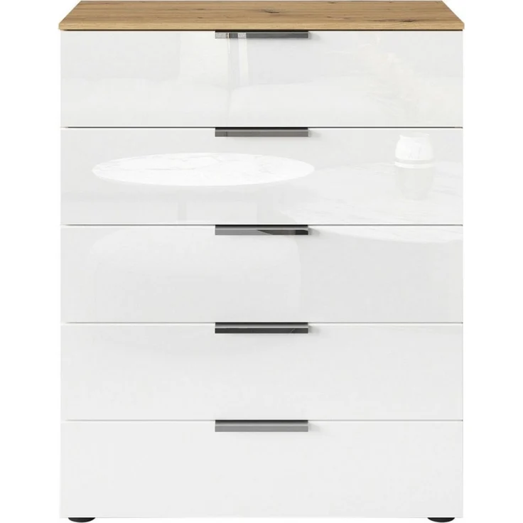 Rauch Möbel Flipp, Hochkommode mit viel Stauraum für Flur, Wohnzimmer, Schlafzimmer, Eiche Artisan/Glasfront Weiß, 5 Schubkästen, Griffe chrom, 80 x 100 x 42 cm – Bild 2