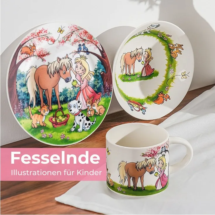 MiaMio Kindergeschirr-Set Prinzessin Motiv Rosa (3-tlg), 1 Personen, Keramik, Teller, Schüssel und Tasse mit Kindermotiv
