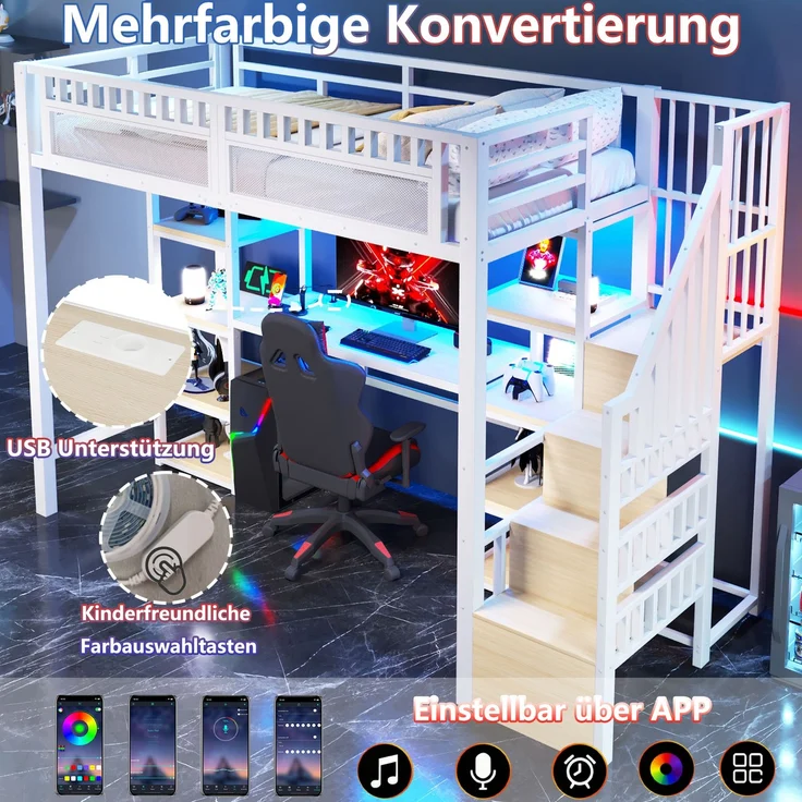 Hochbett 90 x 200 cm mit Eisenrahmen, Ablagefach, Leiter mit Stauraum, Schreibtisch, LED-Lichtleiste, USB-Anschluss, ohne Matratze, Weiß – Bild 6