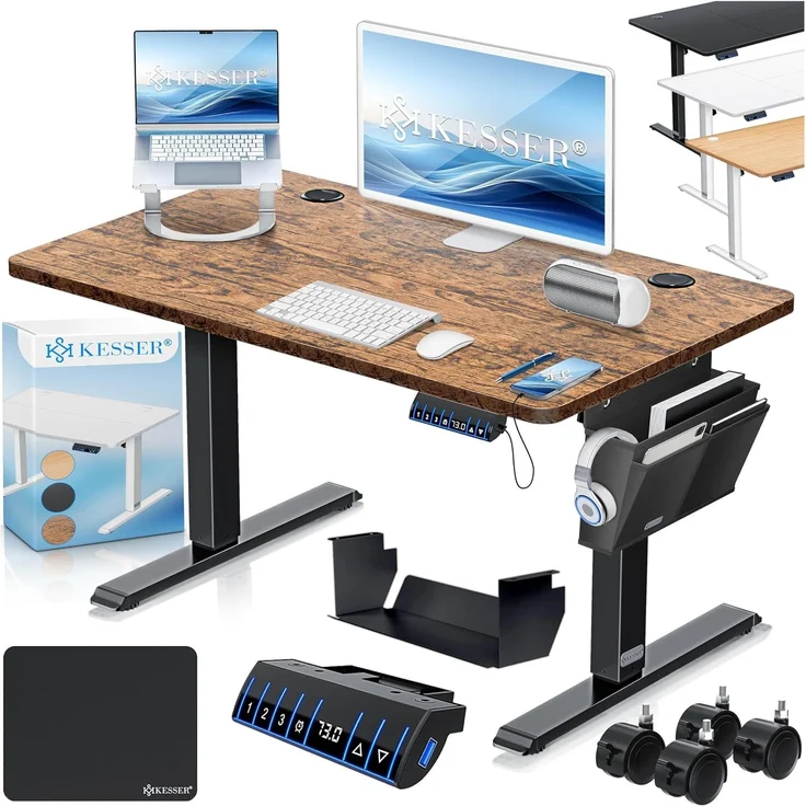 KESSER® Höhenverstellbarer Schreibtisch elektrisch | Ergonomisch Steh-Sitz Schreibtisch | 3-Funktions-Memory Steuerung | Inkl. 360° Rollen & USB-Ladeanschluss | Computertisch für Homeoffice Braun, 100 x 60 cm – Bild 1