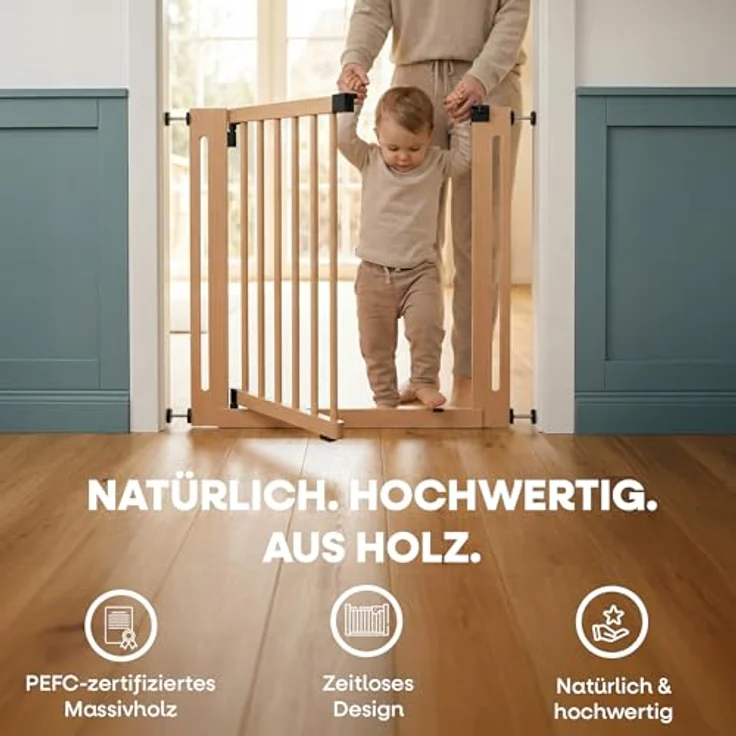 Safetots Naturholz Elegance Treppenschutzgitter, Natur, 87cm - 95cm, Druckmontage Sicherheitsgitter, 65cm Extra Breite Türöffnung, Einteiliges Extra Breites Gitter für Treppen, Flure und Türen – Bild 3