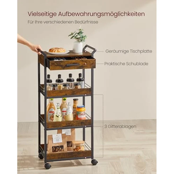VASAGLE Rollwagen, Küchenwagen 4 Ebenen, Servierwagen mit Bremsen, Holzspanplatte, obere Schublade, Aufbewahrungsregal für Küche, Badezimmer, Schlafzimmer, vintagebraun-tintenschwarz LRC049K01 – Bild 6