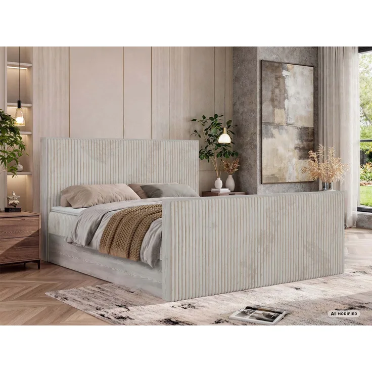Boxspringbett NORDIC DUO 160 x 200 cm mit Matratze H3, hohe Kopfteil Doppelbett inkl. Topper Visco Holzoptik zwei Bettkästen - Beige Cord