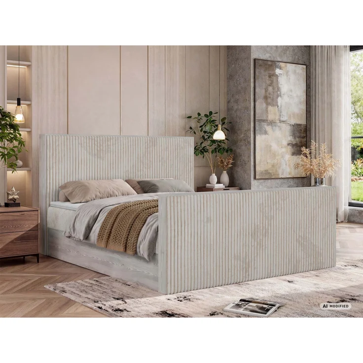 Boxspringbett NORDIC DUO 160 x 200 cm mit Matratze H3, hohe Kopfteil Doppelbett inkl. Topper Visco Holzoptik zwei Bettkästen - Beige Cord – Bild 1