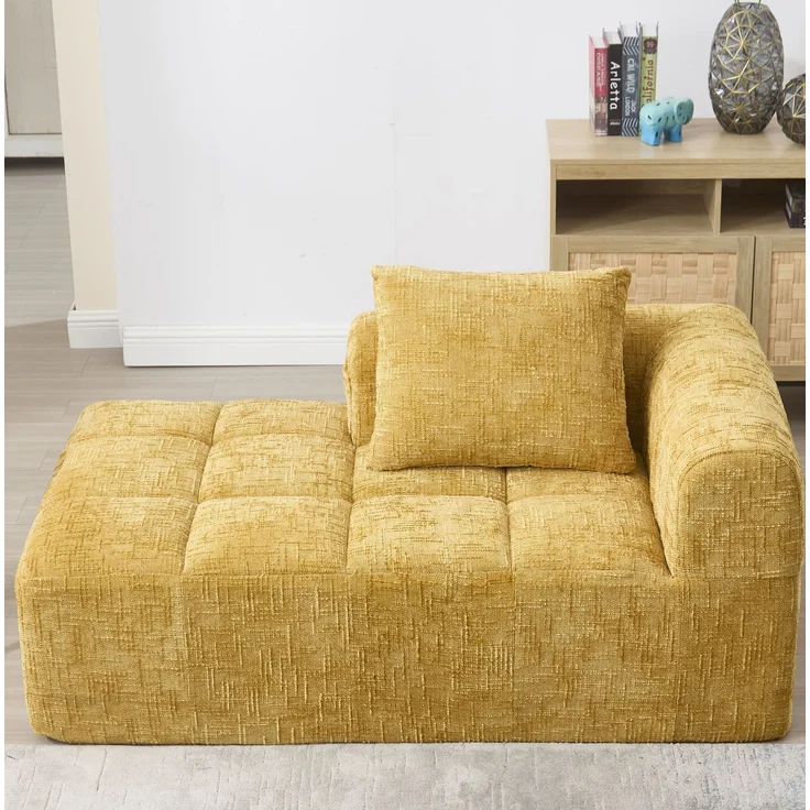 Chaiselongue-Sofa aus Chenille mit Seitentaschen & Kissen, 158x90x60 cm, Gelb – Bild 3