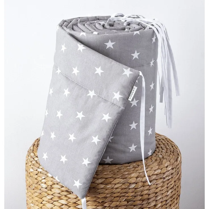 Loolay Bettnestchen GRAU WEIß Baumwolle BETTUMRANDUNG Babybett 420, 360, 210, 180 x 30cm, (Babyausstattung Babynest Kopfschutz Kantenschutz Baby, 100% Baumwolle Babybett Bettschutzgitter Umrandung), LOOLAY® - 100% Europäische Stoffe und Kleinserien-Nähen!