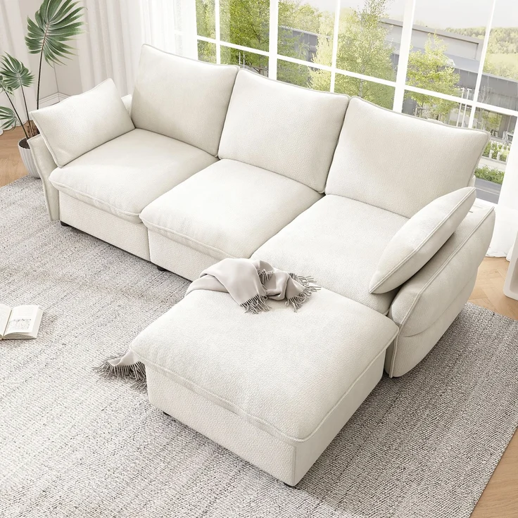 Merax 222cm Ecksofa mit Ottomane (inkl. 1 Hocker), 3-Sitzer Sofa aus Chenille, Beige – Bild 6