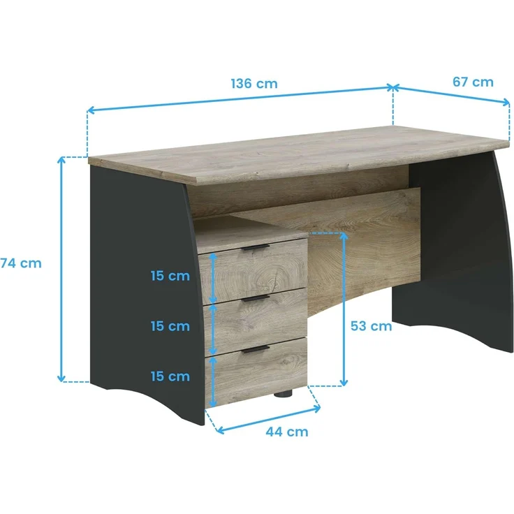 Habitdesign Estil, Bürotisch mit 3 Schubladen, Finish in Anthrazit und Eiche Alaska, Maße: 136 cm (B) x 67 cm (T) x 74 cm (H) – Bild 3