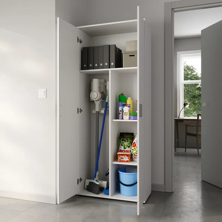Home Collective Mehrzweckschrank 75 cm breit mit Einlegeböden 75x35x184 cm (BxTxH) Weiß (Vorratsschrank Universalschrank für Haushalt, Flur, Büro, Keller) mit 2 Einlegeböden und Fach für Staubsauger – Bild 3