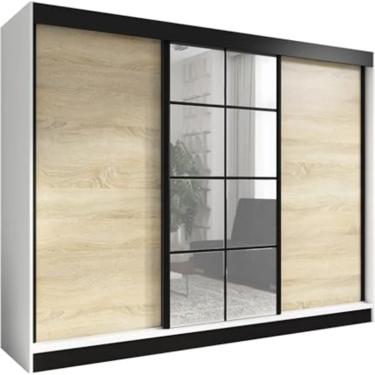 A&J MöbelLand GmbH Schwebetürenschrank ORAVELLE 3-türiger Kleiderschrank mit Spiegel, 4 Schubladen (Kostenlose Lieferung – nur für kurze Zeit! TOP ANGEBOT! Geräumiger Schrank mit einer Breite von 200 cm und Spiegel, ideal zur Aufbewahrung von Kleidung ... – Bild 2