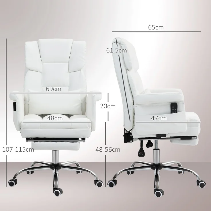MELAYR, Bürostuhl mit 6 Massagepunkten, einziehbarer Fußstütze, 69 x 65 x 115 cm, Weiß – Bild 5