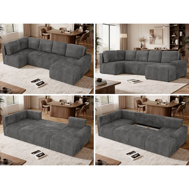 U-förmiges Sofa NESSARO COR U mit Schlaffunktion und Bettkasten, Freistehende Wohnlandschaft, DL-System, Bonellfederkern - Grau Cord - Links Seite – Bild 2
