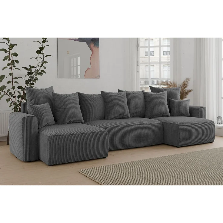 MEBLINI Schlafcouch mit Bettkasten - 312x142x73cm - Dunkelgrau Cordstoff - DAVE - Ecksofa mit Schlaffunktion - Sofa mit Relaxfunktion und Kopfstützen - Couch U-Form - Eckcouch - Wohnlandschaft – Bild 2