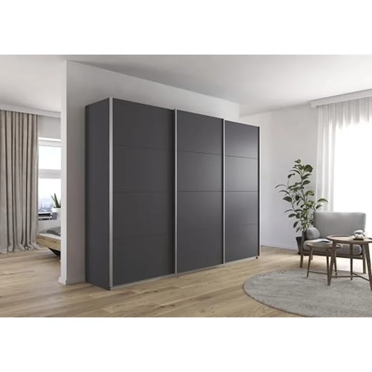 Rauch Möbel Kulmbach, Kleiderschrank mit Schwebetüren für Schlafzimmer, Kinderzimmer, Jugendzimmer, Garderobe, Flur, 3-türig, Zubehör Classic, Farbe Grau metallic, Schwarz, Breite 271 cm – Bild 2
