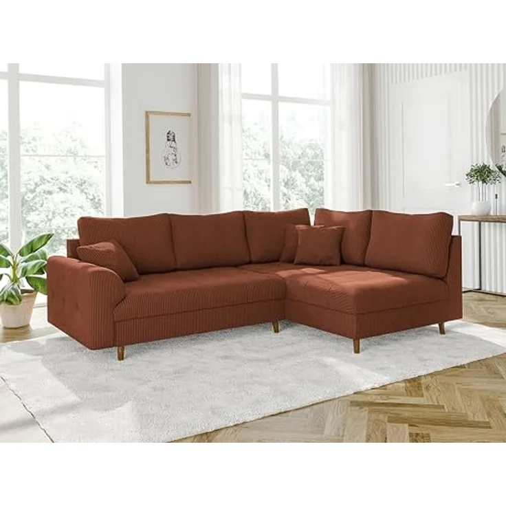 S-Style Möbel Ecksofa Zara mit Braun Holzfüßen im skandinavischen Stil aus Cord-Stoff, Ottomane links oder rechts bestellbar, mit Wellenfederung – Bild 2