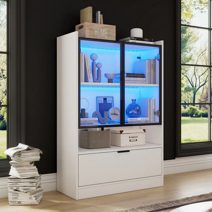 MODFU Vitrine Display-Schrank mit LED, 16 Farben, App (1-St, ideal für Wohnbereich, 80x120x35 cm) Glastüren, Klapptür, matt weiß – Bild 2