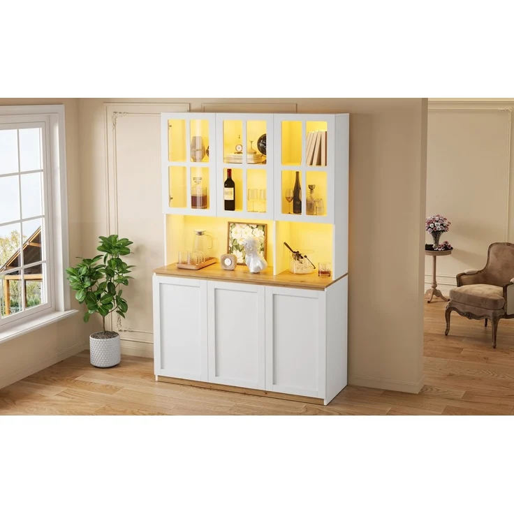 ZUBALIYA Vitrinenschrank 120x200cm, Buffetschrank mit LED-Beleuchtung, Küchenschrank mit Glasrahmentüren, Weiß mit Holzoptik, großer Wohnzimmerschrank als Barschrank, Geschirrschrank und Aufbewahrungsschrank – Bild 13