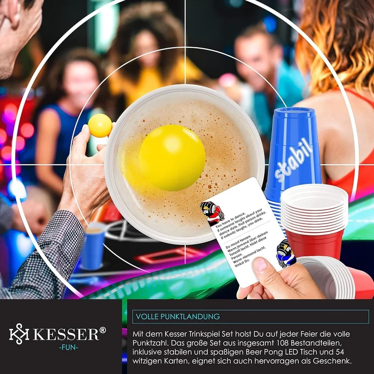 KESSER® Beer Pong Tisch Set mit LED, Kartenspiel, 100 Becher & 6 Bälle, höhenverstellbar / klappbar, Aluminium schwarz, 61 x 244 x 76 cm – Bild 4