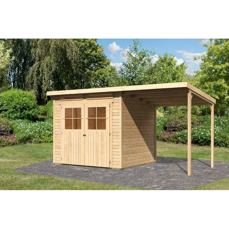 Karibu Gartenhaus 19mm Glücksburg 4 mit Anbau 426x217 cm naturbelassen
