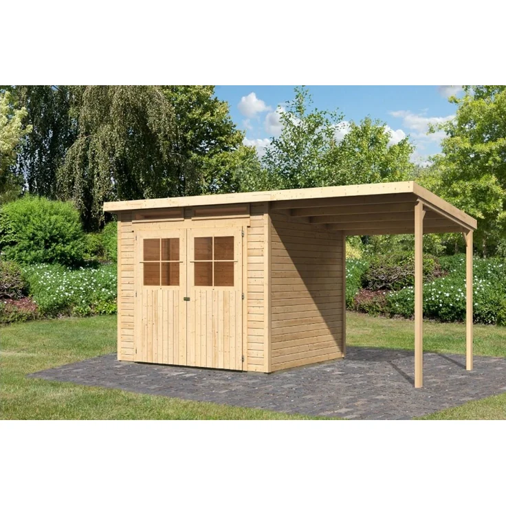 Karibu Gartenhaus 19mm Glücksburg 4 mit Anbau 426x217 cm naturbelassen – Bild 1