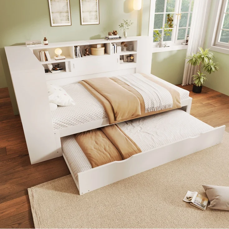 CHICFURN Bett 90x200 cm aus MDF und Spanplatte Weiß mit Ausziehbett, Stauraum und USB-Anschluss – Bild 5