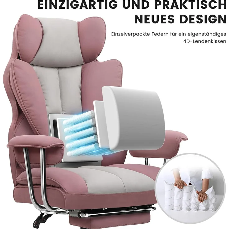 GTPLAYER Gaming Stuhl, Gamer Stuhl, Ergonomischer Bürostuhl mit Fußstütze, Stoffoberfläche, Federsitzkissen, Gaming Chair Gepolstert, Gaming Sessel 180kg Belastbarkeit Rosa – Bild 3