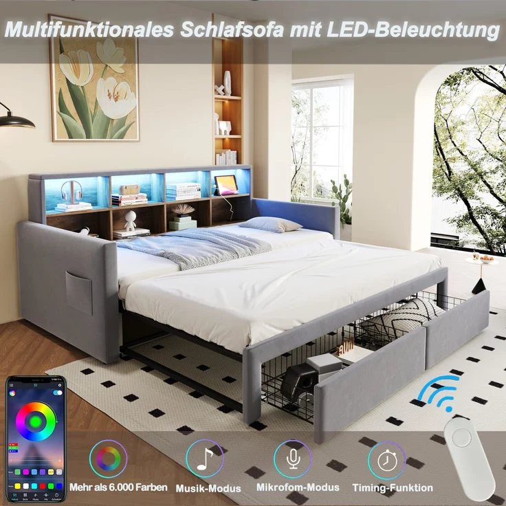 Merax Einzelbett Daybett 90/180 x190cm Ausziehbares Polsterbett Schlafsofa, Kopfteil mit integrierten Staufächern, LED-Lichtleiste und Ladesteckdosen, Mit 2 Schubladen, Samt Hellgrau – Bild 3