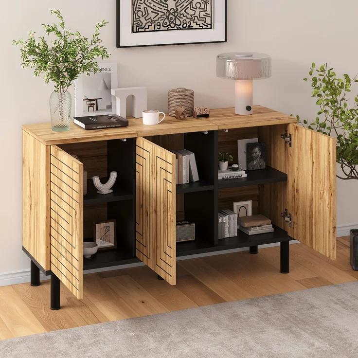 Merax Sideboard mit Wellenmuster, 3 Türen mit Rückprallmechanismus, MDF Aufbewahrungsschrank, Küchenschrank, Aufbewahrungsschrank, Holzfarbe – Bild 2