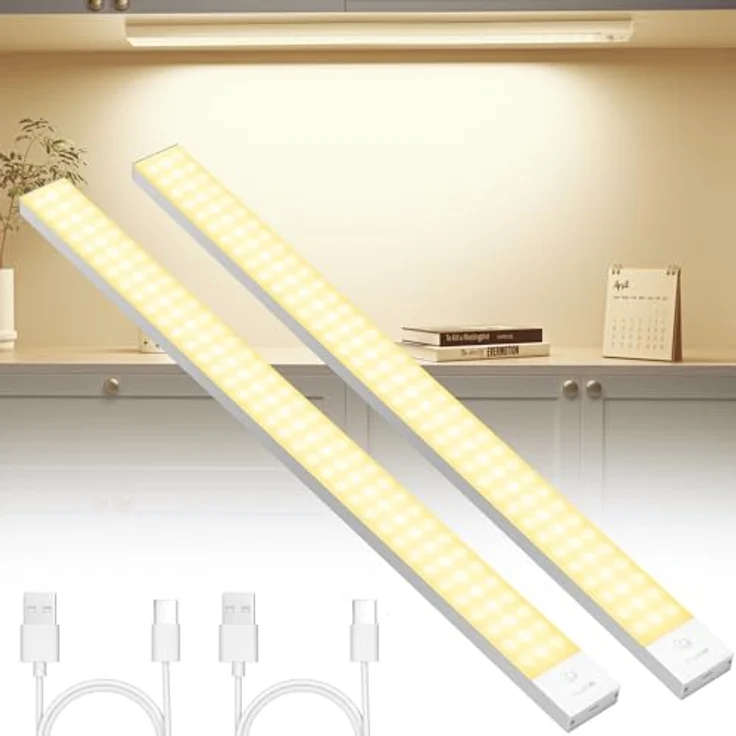 OUILA Unterbauleuchte Küche LED 2 Stück 60CM Schrankbeleuchtung Batterie 5000mAh USB Wiederaufladbar Magnetische Lampe Kabellos Schranklicht mit Bewegungsmelder für Schlafzimmer, Werkstatt (Warmweiß) – Bild 2