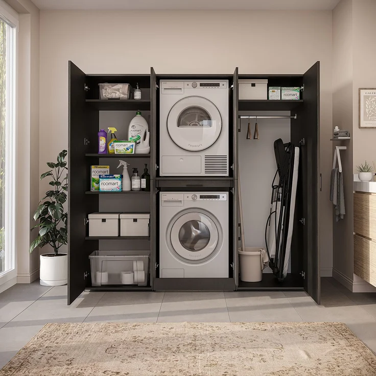 Roomart Waschmaschinenschrank - DORA-I- 190 cm breit - Wasch- & Trocknerschrank mit 2 Hochschränken, Türen & Ausziehbrett, Waschmaschinen-Überbau für Waschküche & Hauswirtschaftsraum • Schwarz-Eiche – Bild 5